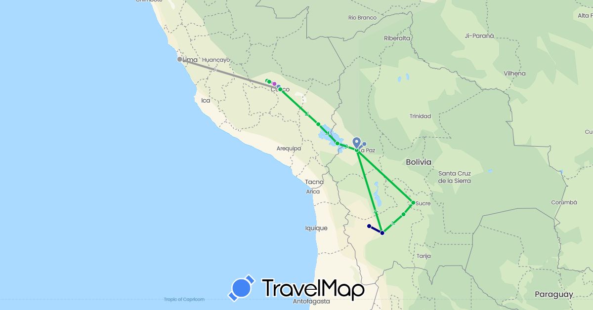 TravelMap itinerary: driving, bus, plane, cycling, train, hiking in Bolivia, Peru (South America)